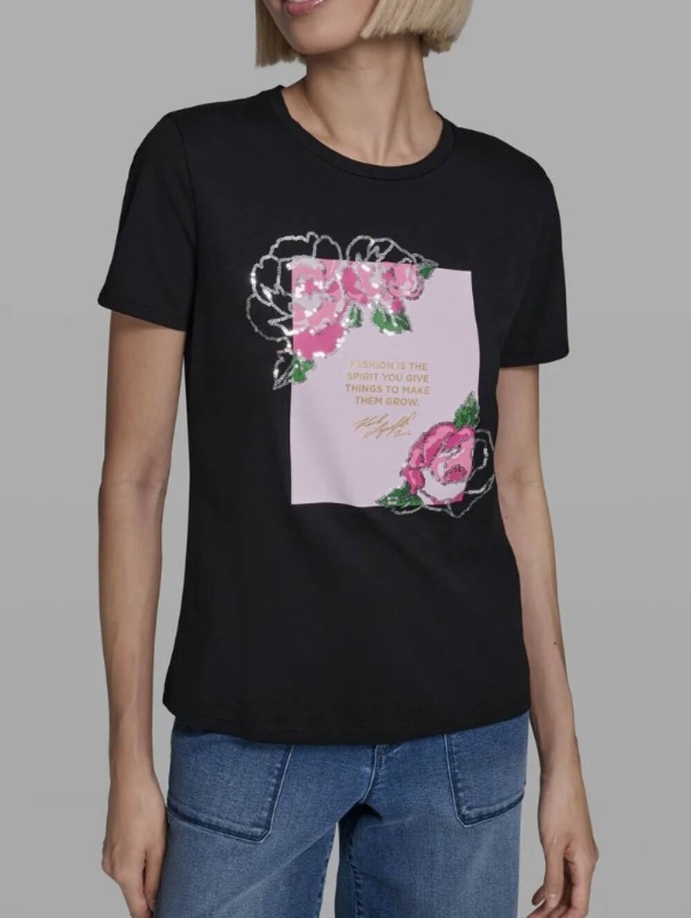 Karl Lagerfeld Paris COTTON JERSEY ROSE QUOTE TEE, Size L